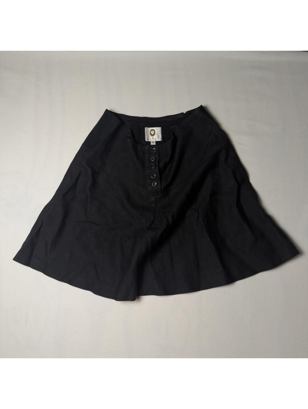 Mayle Black Linen Rayon A-Line Skirt Button Front Size 10 Y2K